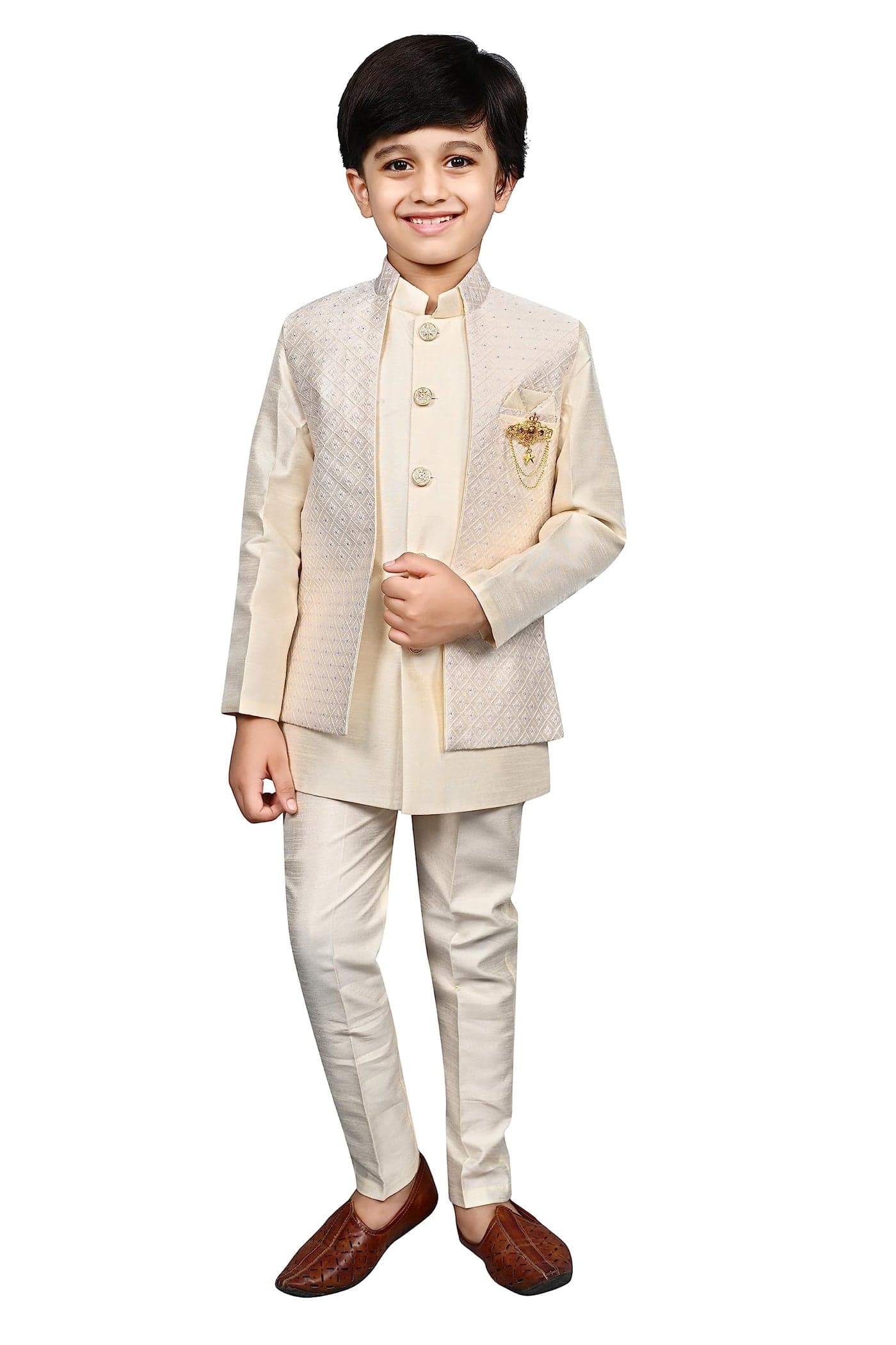 AHHAAAA Kids Indian Ethnic Silk Blend Waistcoat Kurta Pyjama Set Traditional Bollywood Style Wedding Sherwani for Boys Cream