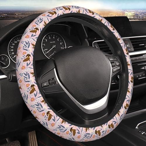 FJyuanqi Dachshund Flower Floral Steering Wheel Cover Universal Car Interior Accessories for Women Men 15 Inch Anti Slip Breathable Odorless Neoprene Decor Car SUV Sedan Vans Truck Protector