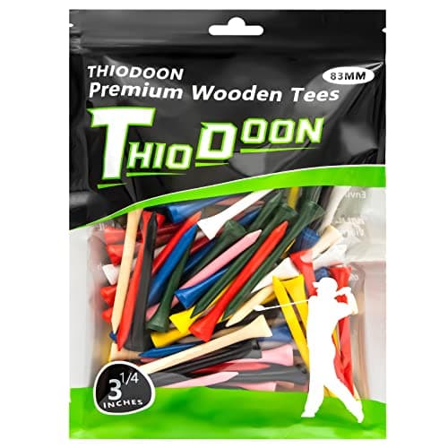 THIODOON Professional Natural Wood Golf Tees - Pack of 100, Multiple Colors & Sizes (3-1/4", "2-3/4", "2-1/8 inch), Tall Tees Reduce Side Spin & Friction