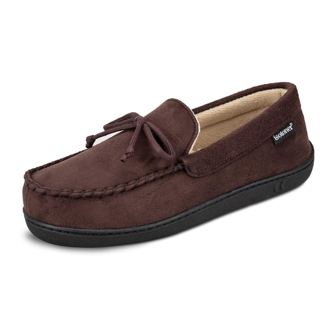 isotoner Mens Microsuede Moccasin Slipper with Cooling Memory Foam for IndoorOutdoor Comfort Dark Chocolate 95105