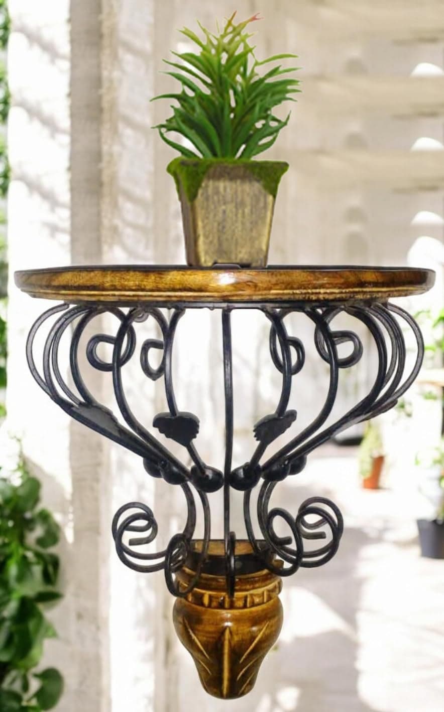 CRAFTCASTLE Wooden & Wrought Iron Fancy Wall Bracket Shelf/Plant Stand/Garden Decor Bracket Rack for Home & Living Room .Black & Brown (35X30X15) CM