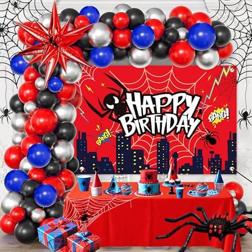 Red Theme Borthday Party Decorations Kit Red Blue Black Latex Balloons Arch Garland with Web Backdrop for Boys Girls Kids