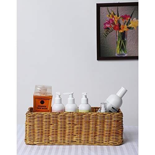 AKWAY Handmade Basket Bathroom Vanity Tray, Kitchen Counter top Storage Shelf Coffee Table Decorative Tray Cosmetic Organizer Display Holder (14 L x 4.5 W x 4.5 H), Rectangular, Rattan & Wicker