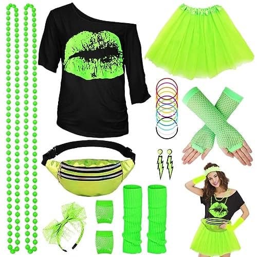 WILDPARTY 80s Costume Accessories for Women TShirt Tutu Fanny Pack Headband Earring Necklace Fishnet Gloves Legwarmers 80s Party Halloween Outfit for Women 24PCS Green M