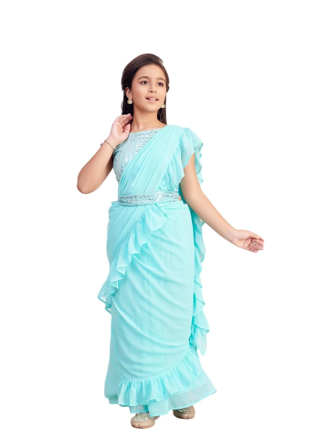 Aarika Girls Ethnic Wear Sea Green Colour Sequin Embroidery Georgette Lehenga Saree With Attachable Dupatta-(3-13 Years)-(SR-26037-C-GREEN-32)