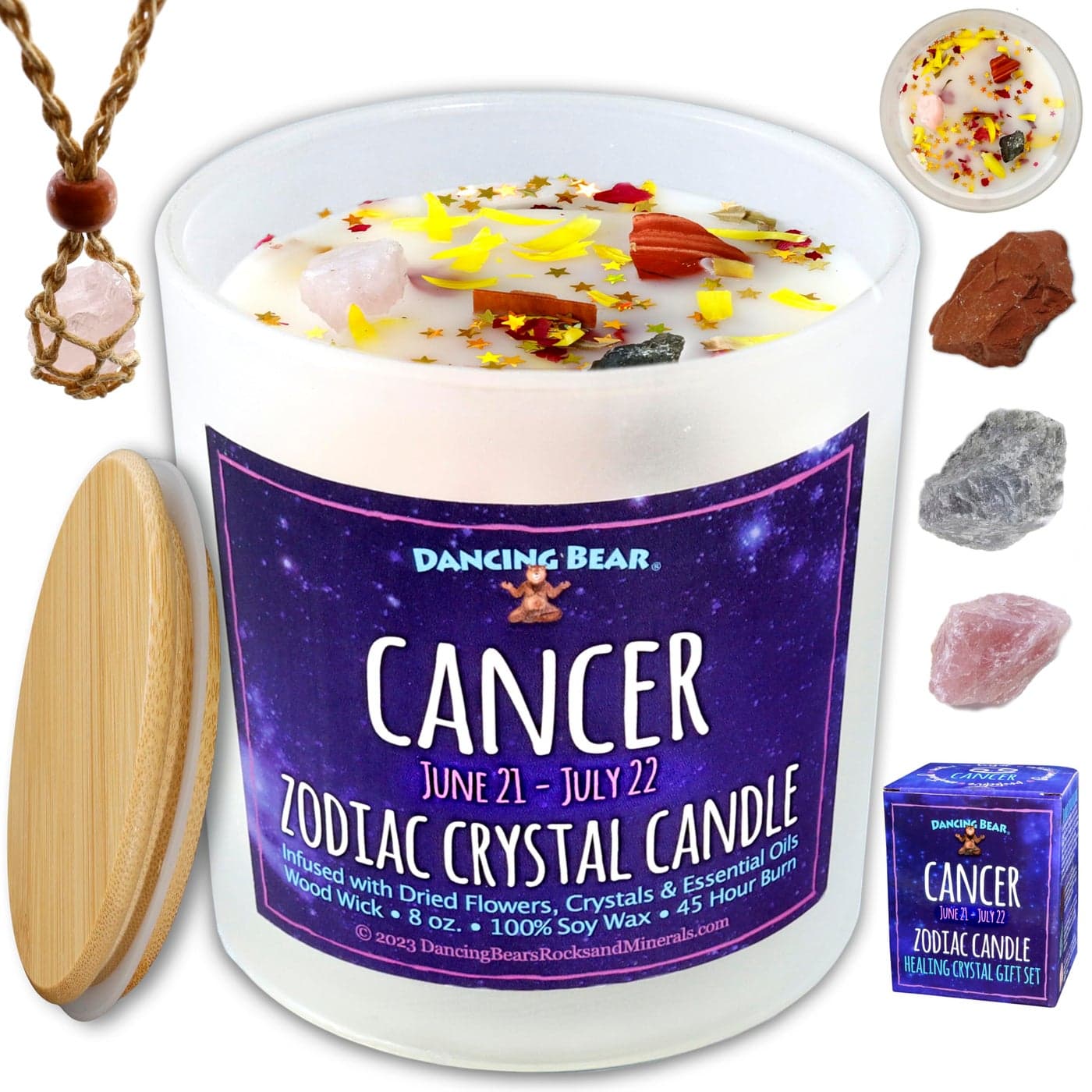 DANCING BEAR Cancer Zodiac Candle Gift Box Set with 3 Healing Crystals Stone Holder Necklace 100 Soy Scented Wax Crackling Wood Wick 45 Hour Burn Time