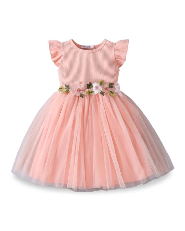 Niren Enterprise Peach Floral Tulle Dress with Ribbed Bodice, Ruffled Sleeves, 7D Flower Waistband & Soft Net Skirt for Party & Casual Wear for Girls