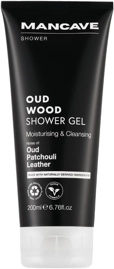 ManCave Oud Wood Shower Gel 200ml Premium Oud Patchouli Leather Scent Moisturising Cleansing Body Wash for Men Sulphate Free Vegan Paraben Free Cruelty Free Natural Ingredients