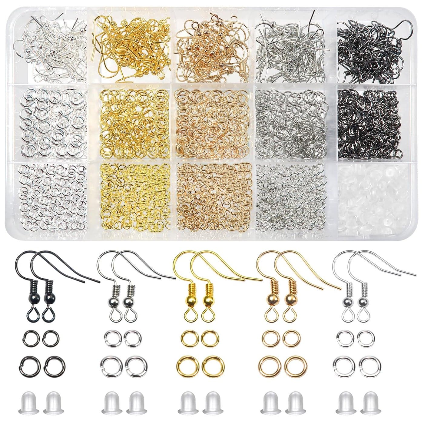 TOAOB 150pcs 5 Colors Earring Hooks Kit Hypoallergenic Ear Wires and 1000pcs Jump Rings 200pcs Earring Backs for Earrings Making Jewelry Making Findings