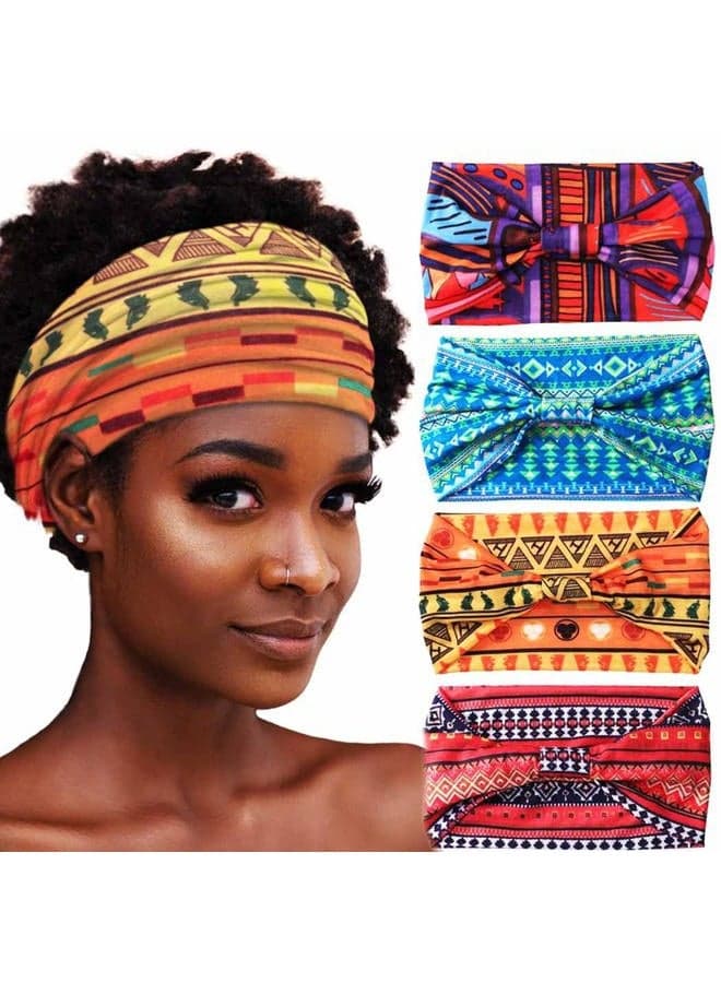African Headbands Boho Knotted Hairbands Stretch Wide Head Wraps Elastic Yoga Turban Hair Scarfs Workout Printed Hair Accessories for Women Pack of 4 (Style B)