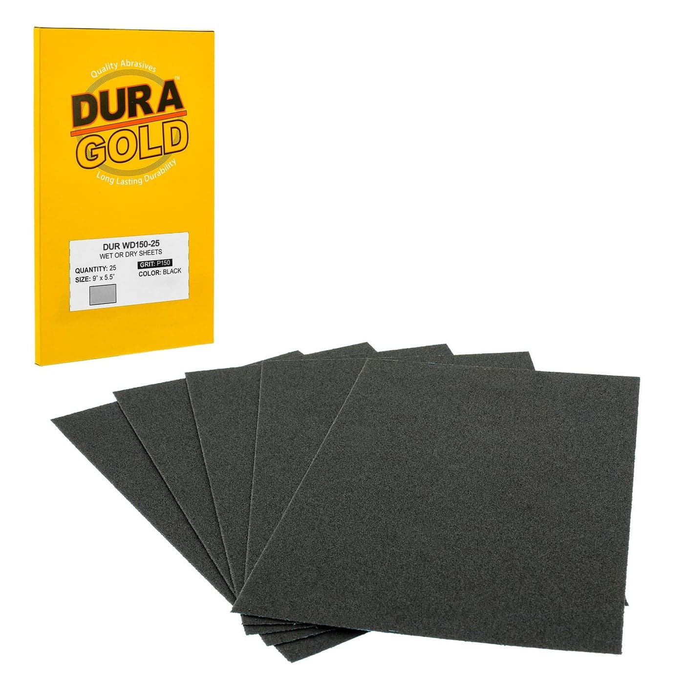 DuraGold Premium 150 Grit Wet or Dry Sandpaper Sheets 512 x 9 Box of 25 CoarseCut Sanding Detailing Polishing Automotive Woodworking Wood Furniture Metal Finishing Hand Sand Block Sander