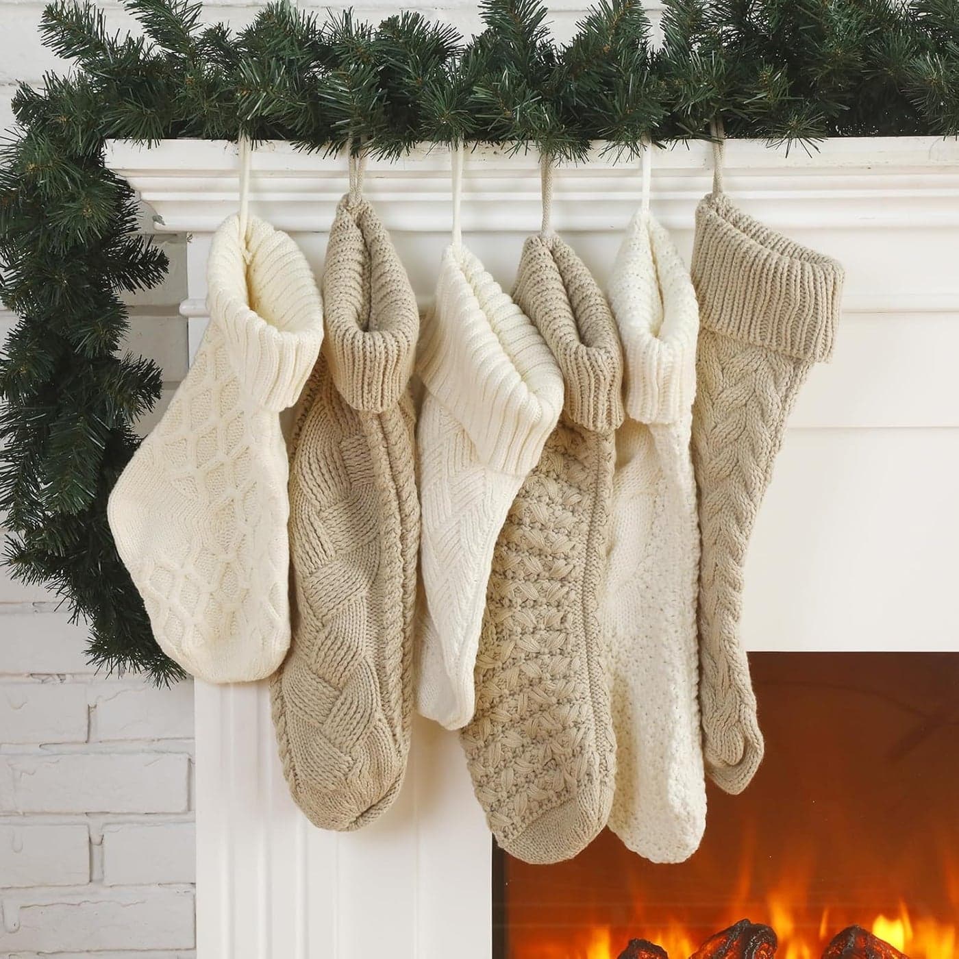 Syhood 6 Pack Cable Knit Christmas Stockings 18 15 Large Knitted Stockings Ornaments Farmhouse Khaki and Cream Xmas Stockings Rustic Boho Stocking Decorations for Family Holiday Decor 6 Styles