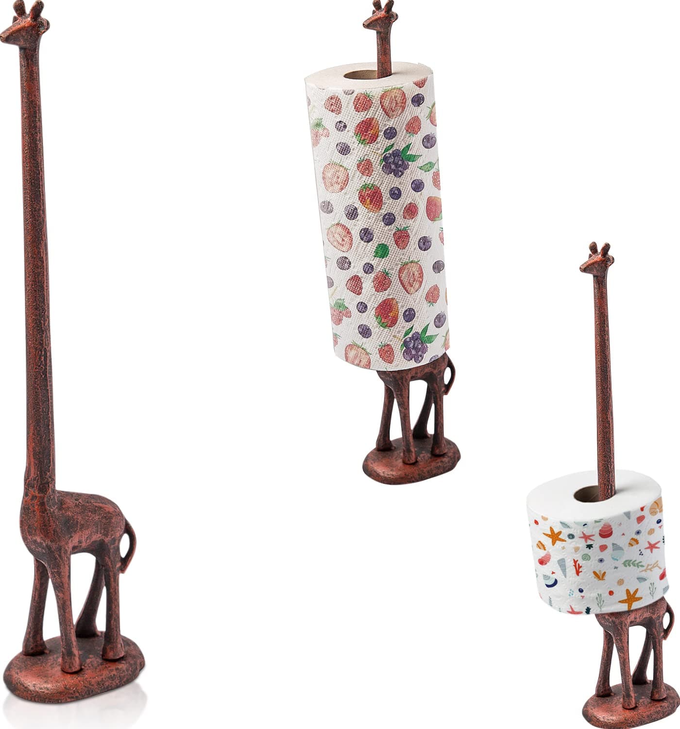 Giraffe Paper Towel Holder for Kitchen or Decorative Toilet Paper Stand for Bathroom - Unique Antique, Vintage, Whimsical Animal Design Roll Dispenser for Home Decor - Copper with Black