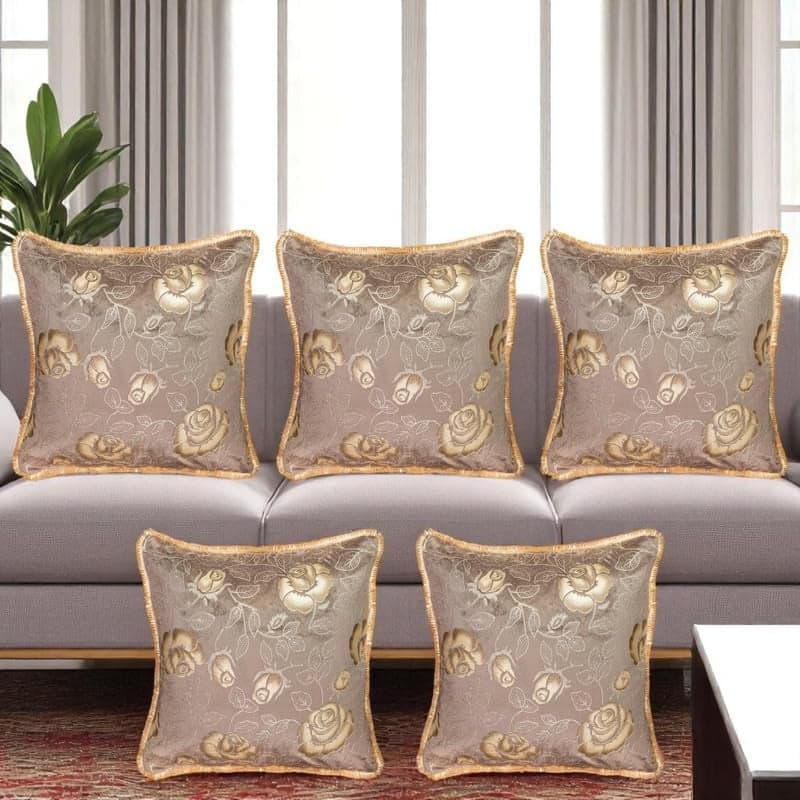 Vendola Velvet Jacquard Decorative Floral Cushion Cover 16 Inch x 16 Inch with Shimmering Glitter Design & Lace Border, Festive Design (16X16 Inches, Beige, Set of 5)