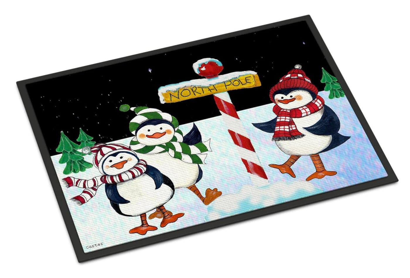Carolines Treasures PJC1082MAT North Pole Welcomes You Penguins Doormat 18x27 Front Door Mat Indoor Outdoor Rugs for Entryway Non Slip Washable Low Pile 18H X 27W