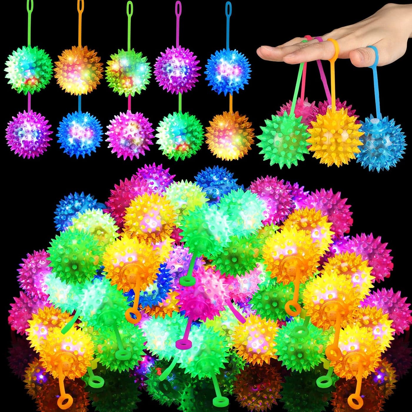 Sotiff 100 Pcs Light up Ball Spiky LED Bouncy Ball Flashing Squeaky Multicolor Puffer Toy Rubber Sensory Toy Carnival Prizes Bulk Party Favors for Teens Adults Children