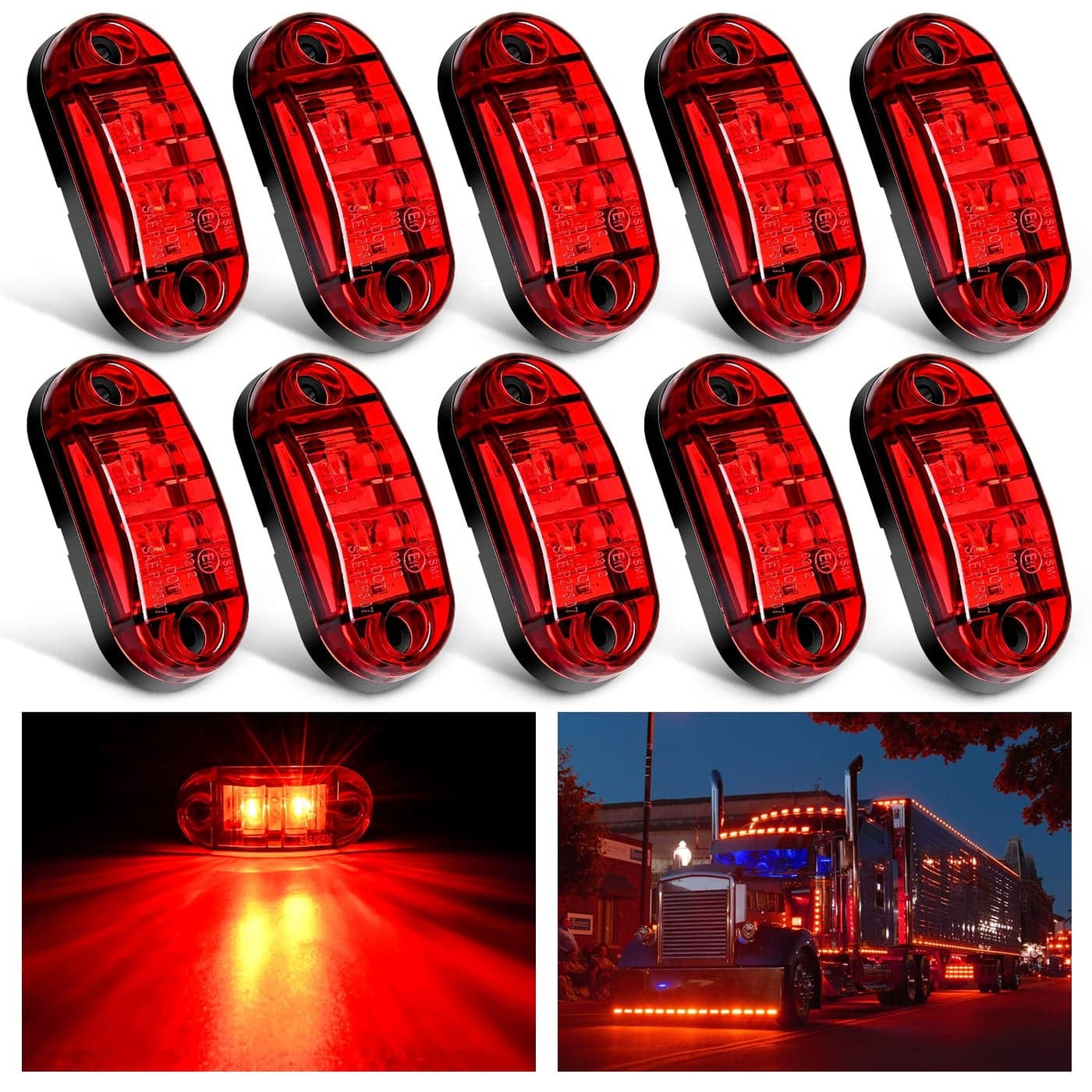 Nilight 25Inch Oval Side Marker Light 10PCS Red 2 Diode LED Clearance Trailer Fender Lights Waterproof Surface Mounted for 1030V Truck Camper Boat Lorry