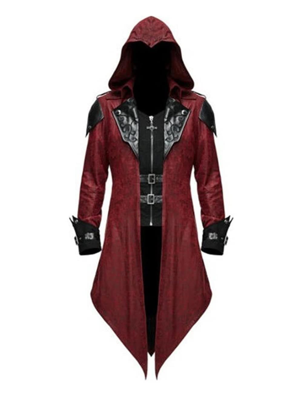 Medieval Renaissance Costume for Men Vampire Viking Trench Steampunk Gothic Coat Halloween Cosplay Party Outfits Small Burgundy