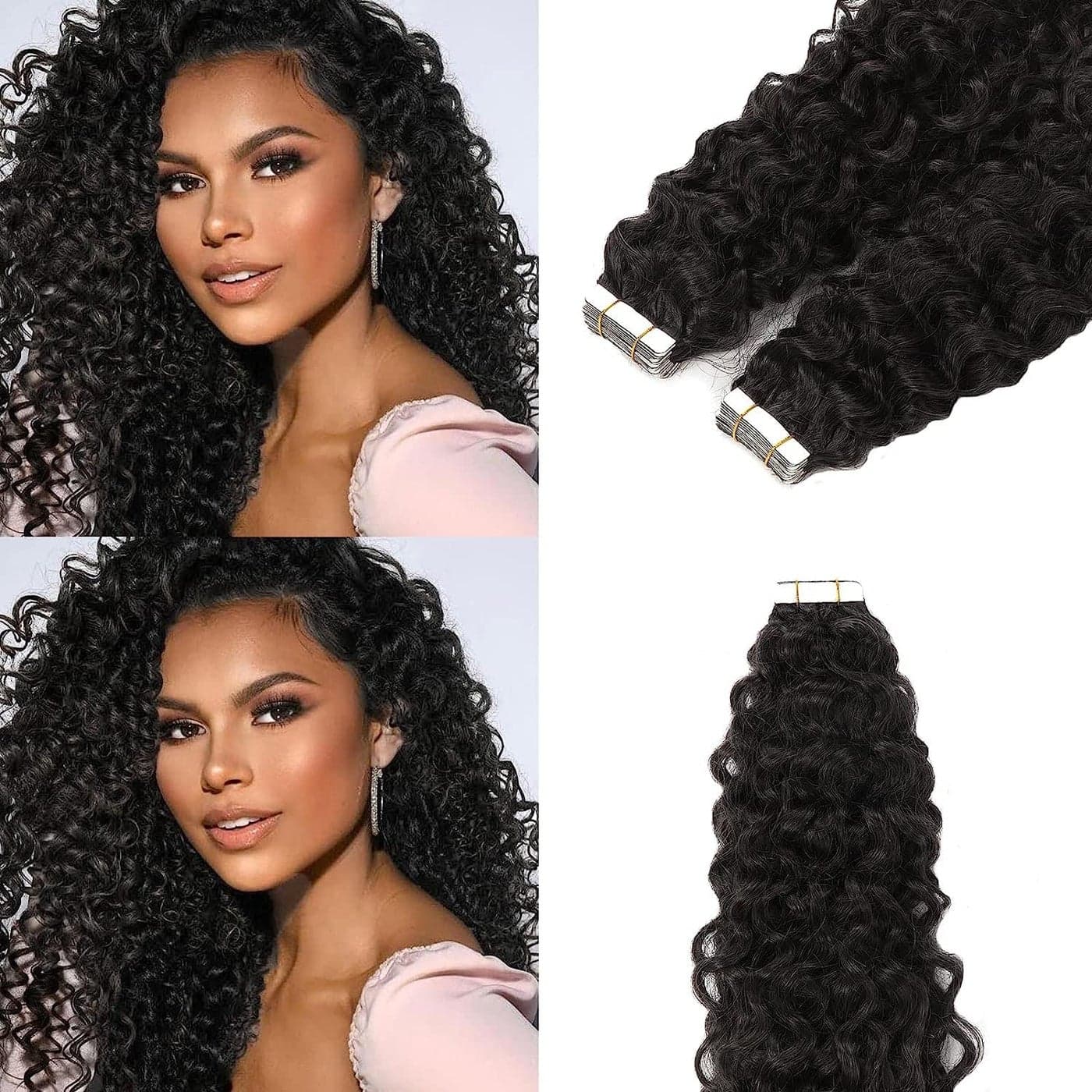 Curly Hair Extensions Real Human Hair Tape in 14inch Jerry Curly Glue in Skin Weft Soft Virgin Hair 3B 3C Type Black Color 1B Tape on Hair Extensions for Black Girls Full Head 16pcs 40grams