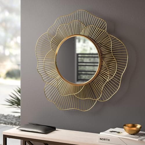 Artemade Iron Decorative Mirror Wall Mounted Hanging Sculpture | Metal Golden Rose Design Modern Art Mirror | Framed Home Decor Accent for Living Room, Bedroom, Hallway & Entrances (Artistic, Framed)
