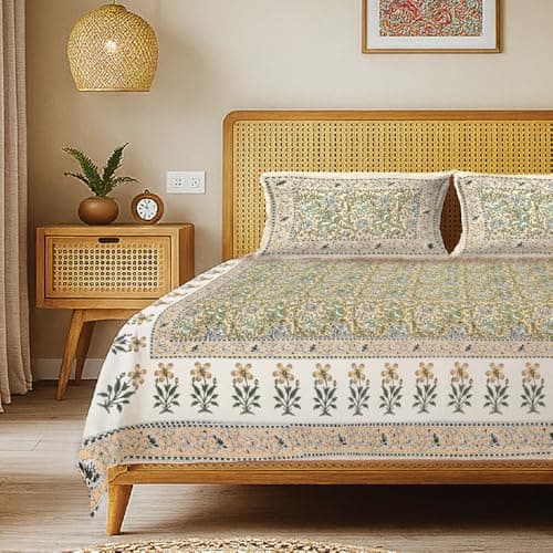 Urban Space 100% Cotton Jaipuri Handblock Printed King Size Bedsheet with 2 Pillow Covers, 200 TC Cotton King Bedsheet (105 x 105 Inches, Rangrez Yellow)