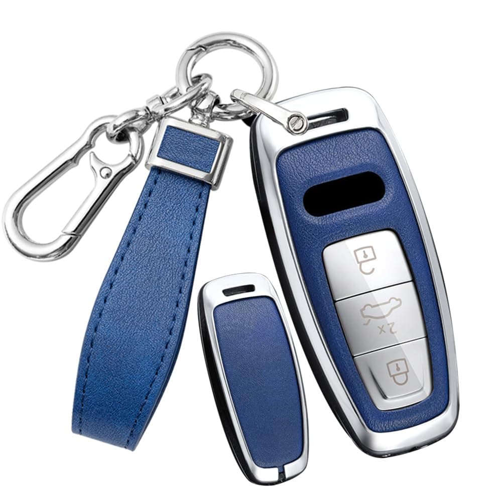 SANRILY PU Leather Key Fob Cover Fit for Audi Q7 Q8 2021 2022 ETron A3 A6 A6L A7 A8 S3 S6 S7 SQ7 RS6 RS7 Keyless Full Protection Smart Key Case with Leather Keychain Silverblue
