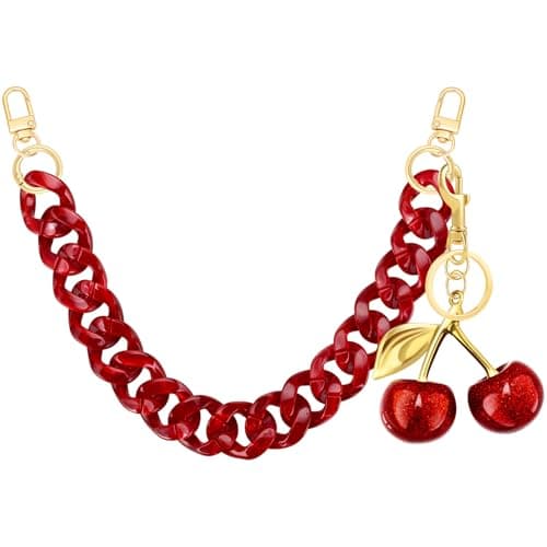 TUCEWP Red Purse Chain Strap 17.5 Inch Chunky Acrylic Bag Handle Shoulder Strap Replacement with Glitter Cherry Keychain Charms Luxury Handbag Decoration Chain Big Bag Accessories Charms for Women
