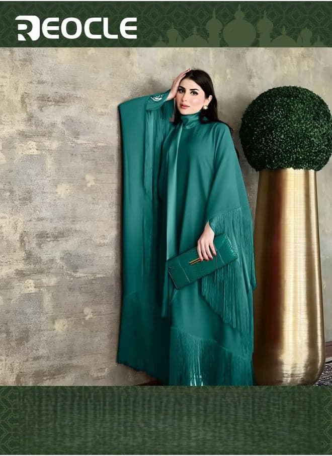 Women's Bohemian Long Dress Batwing Sleeve Fringed Kaftan Fashion Modest Party Dress with Lightweight and Tassel Green
