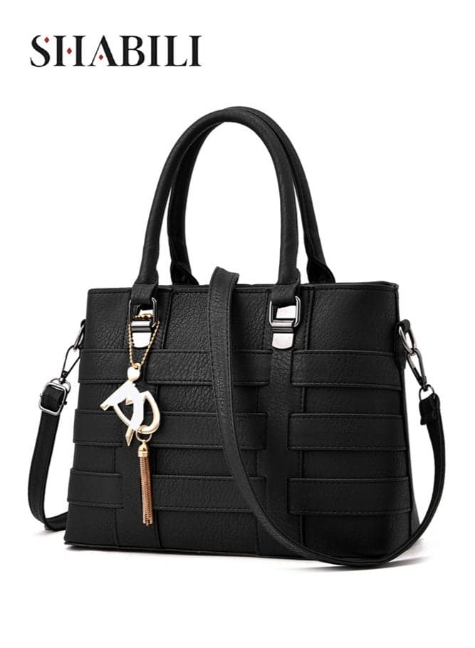 Women PU Shoulder Crossbody Satchel Tote Bags Handbag,Ladies Large-Capacity Multi-Pocket PU Leather Structured Cross Bags with Charm, Teenager Youth Style for Daily Casual Party Travel (Black)