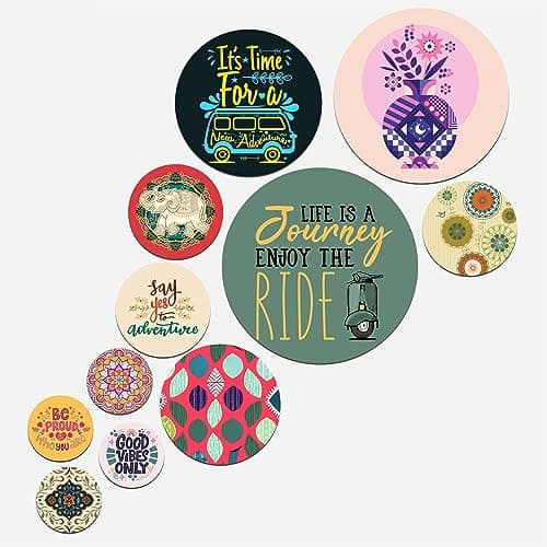 Artvibes Its Time for A New Adventure Decorative Round Shape MDF Wooden Wall Hanging | Quotes Decor Item | Traveller Quotes Wall Art | Wall Poster | Home Decor | Unique Gift (WPS_142NN), Set of 11