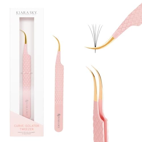 KIARA SKY LASH Tweezer for Eyelash Extensions Precision Fiber Tip Grip Volume Mega Volume and Lash Removal Fills Comfortable Ergonomic Design Pink and Gold CURVE ISOLATOR TWEEZER