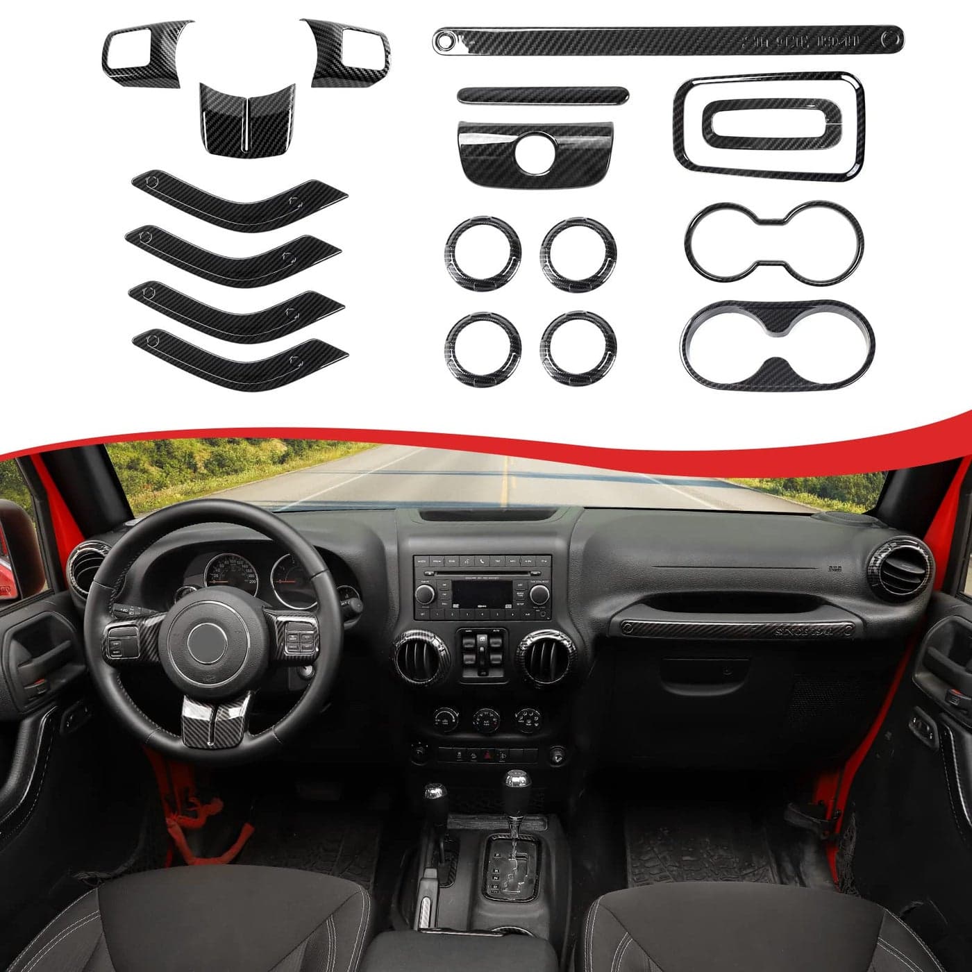 CheroCar 18PCS Interior Trim Kit for Jeep Wrangler JK JKU 20112018 4 DoorSteering Wheel Cover Air Conditioning Vent Trim Cup Holder CoverGear Shift Knobs FrameCarbon Fiber