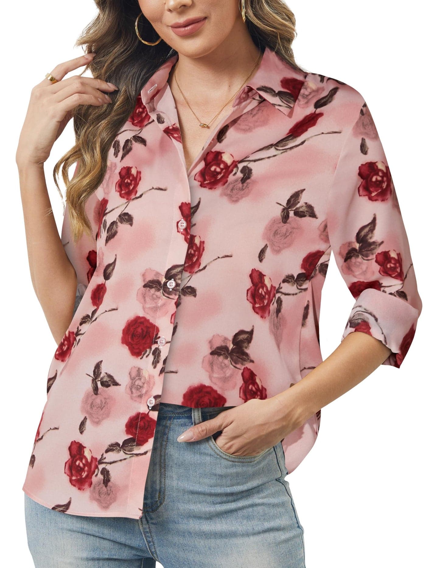 hearain Womens Casual Tops Button Down Long Sleeve Shirts Trendy Dressy Casual Print Blouses Pink Rose Size XL