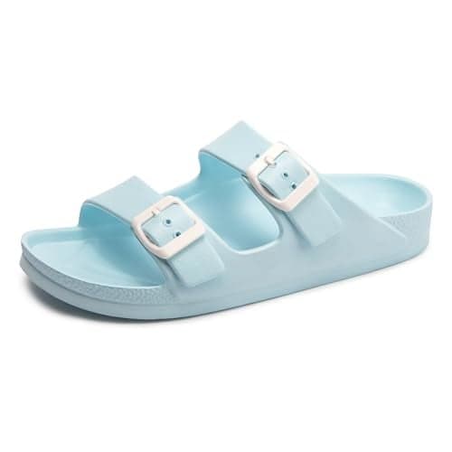 FUNKYMONKEY Women's Comfort Slides Double Buckle Adjustable EVA Flat Sandals (7 M US, Sky Blue)