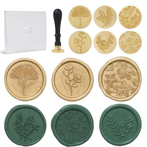 UNIQOOO 6 Pcs Wax Seal Stamp Set Floral Stamps Botanical Sealing Stamper Kit Wooden Handle with Brass Head for Wedding Greeting Cards Gift