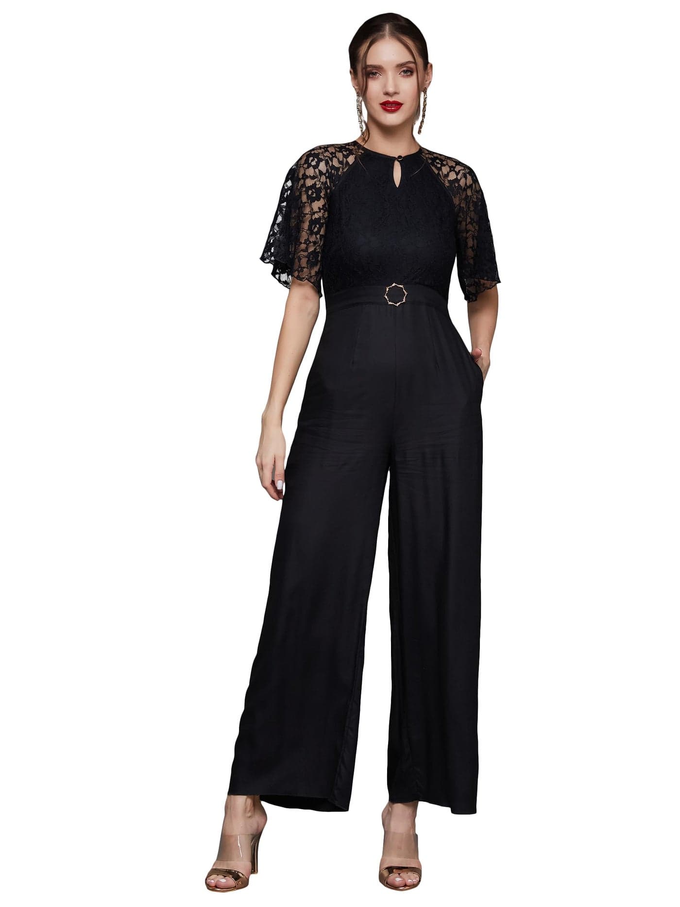 Miss Chase Women's Round Neck Flared Sleeve Floral Raglan Regular Jumpsuit (MCSS23D15-69-668-03, Abyss Black, S)