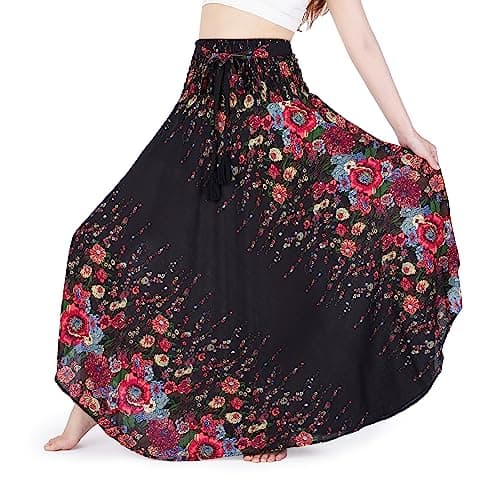 Lannaclothesdesign Women's Long Maxi Skirt Bohemian Gypsy Hippie Style Clothing Boho Skirts (US 37 INC S-M, Black Flower)