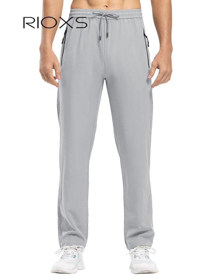 Men's Gray Casual Jogger Pants, Summer Thin Quick-Dry Workout Trousers, Polyester Stretch Relaxed Fit Pants with Side Zipper Pockets, Breathable Lightweight Training Pants for Men, No Iron Wrinkle-Free Sportswear, Gym Running Essential