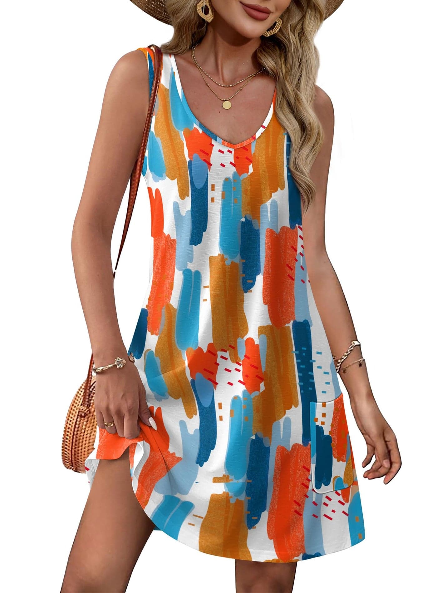 Summer Dresses for Women 2025 Swimsuit Coverup Loose V Neck Sleeveless Casual Dress Sundresses with Pockets Floral 02 L