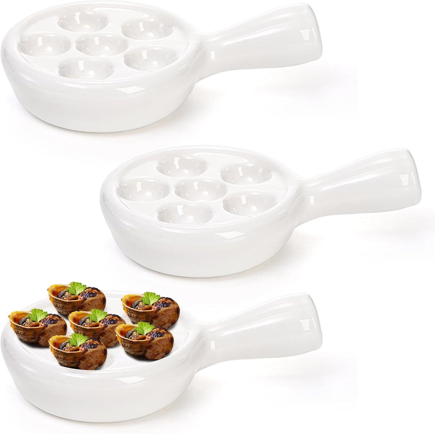 Frcctre 3 Pack Ceramic Escargot Plate With 6 Holes and Handle 48 Inch White Small French Escargot Baking Dish Seafood Snail Plates Barbecue Dish Scallop Dish Appetizer Dishes For Oven