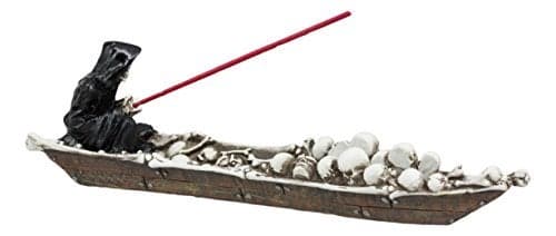 Ebros Grim Reaper Fishing On Boat of Skulls Incense Burner Statue 115 Long Charon On River Styx Figurine