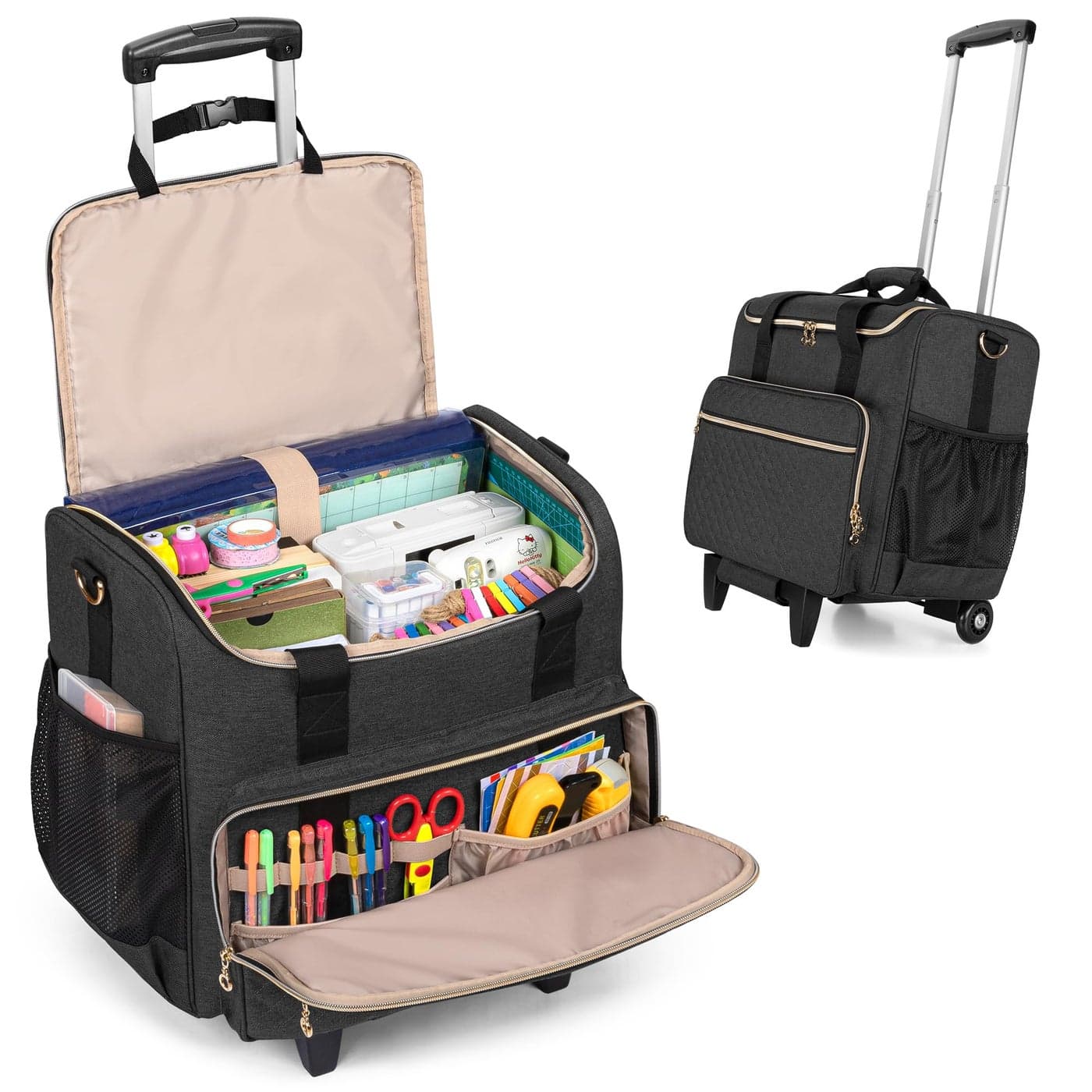 LUXJA Rolling Craft Bag with Pockets for 12 x 12 inch Scrapbook Album and Laptop Rolling Scrapbook Tote with Detachable Dolly Patent Pending Black