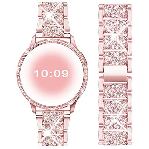Mosonio Compatible with Samsung Galaxy Watch 5 Band/Samsung Galaxy Watch 4 Band, 20 mm Rose Pink Bling Galaxy Watch Band with 44 mm Cover Case, Jewelry Metal Wristband for Women(Rose Pink,44 mm)