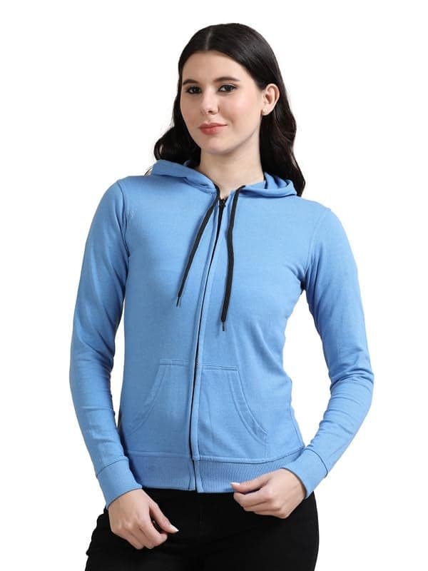 Wafaa Women's Cotton Plain Hooded Neck Full Zipper Sky Blue Color Regular Fit Sweatshirt Hoodies with Kangaroo Pocket 3XL Size