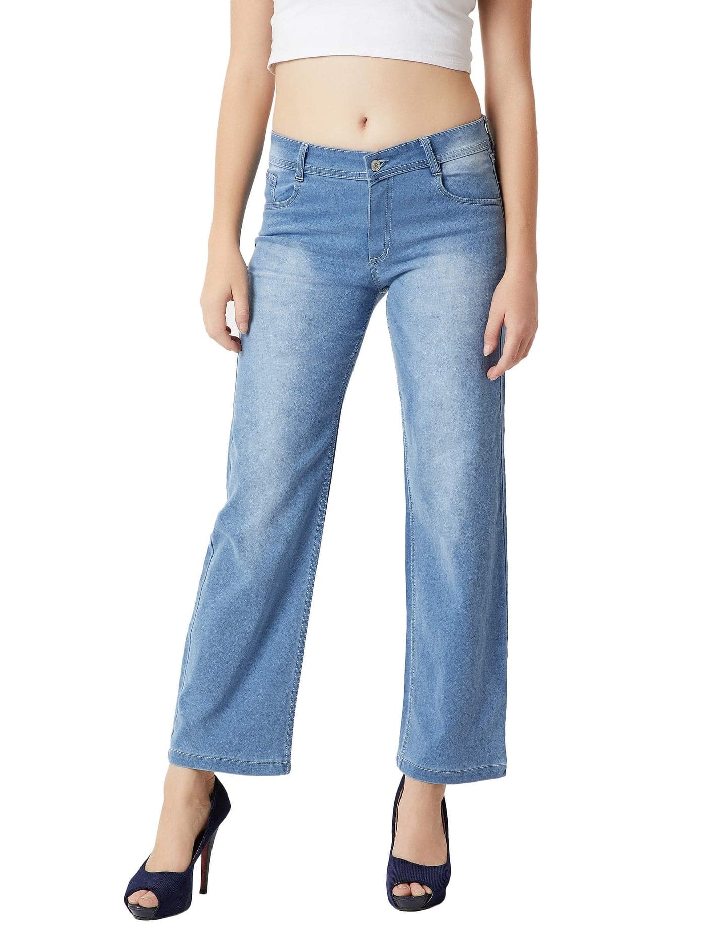 Miss Chase Women's Wide Leg Mid Rise Clean Look Regular Length Blast Effect Denim Jeans (Plus (MCSS18DEN02-50-158-38, Light Blue, 38)