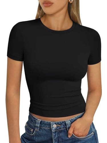 Trendy Queen Womens Short Sleeve T Shirts Summer Crop Tops Basic Slim Fit Gym Workout Y2k Clothes Black S