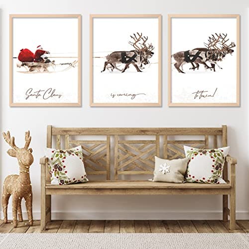 AnyDesign 3Pcs Christmas Wall Art Prints 13x17in Santa Claus Reindeer with Sleigh Art Poster Decor Large Aesthetic Xmas Posters Room Decor for Gallery Living Room Bathroom Wall Decor(UNFRAMED)