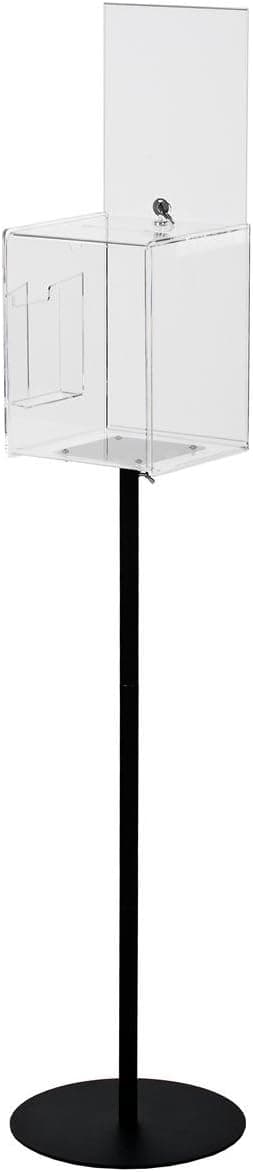 FloorStanding Ballots Box with Side Pocket for Entry Forms and 2 85x11 Sign Holders Locking Door Clear Acrylic Box with Black Steel Pedestal Stand