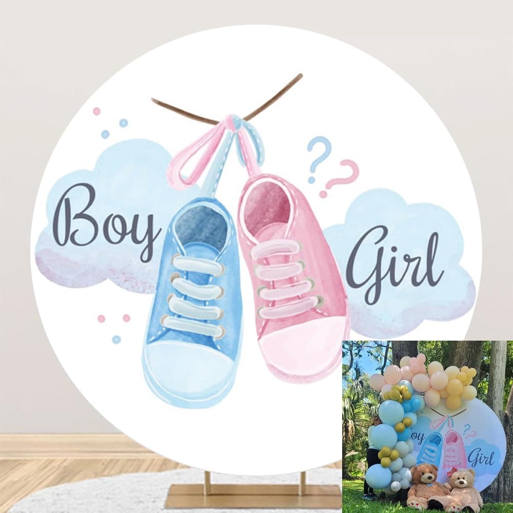 Laeacco 72x72ft Gender Reveal Round Backdrop Stand Cover for Photography Boy or Girl Blue Pink Shoes Circle Backdrop for Baby Shower Party Baby Gender Reveal Photo Background Decoration Studio Props