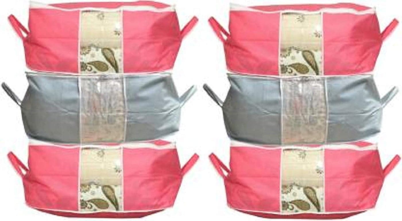 Kuber Industries 6 Pieces Non Woven Underbed Storage Organiser Set Grey Pink Standard UNDBGP03